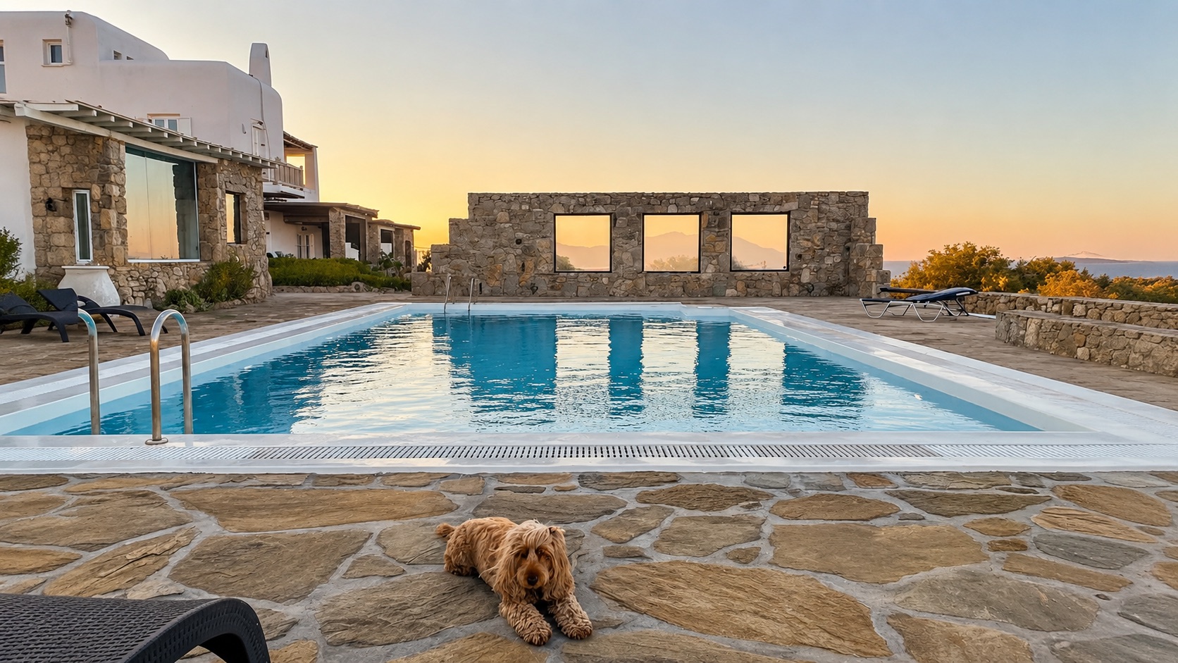 Villa Ruffi Mykonos, piscina con vista sul Mar Egeo al tramonto